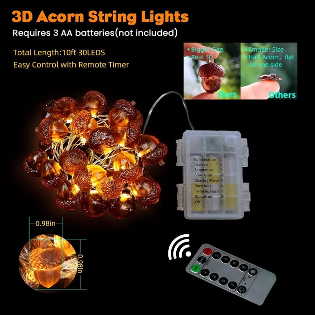 Alt view image 5 of 7 - JASHIKA 3D Twinkle Acorn Fall Decorations Harvest String Lights 10ft Copper Wire 30 LEDs Battery Powered with Timer Remote Control for Wedding Bedroom Fireplace Mantel Ice Age Ornaments Home Decor