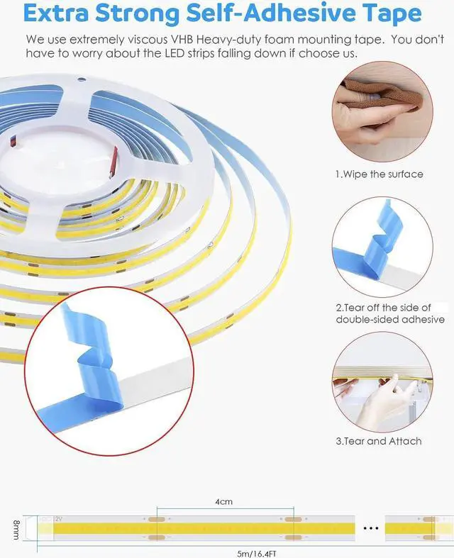 Alt view image 4 of 7 - Flexible COB LED Strip Lights,White 6000K 12V 16.4ft/5m, 320LEDs/M Super Bright High Density FCOB LED Strip Light for TV Backlight, Living Room, Cabinet Lighting,Home Decor Light