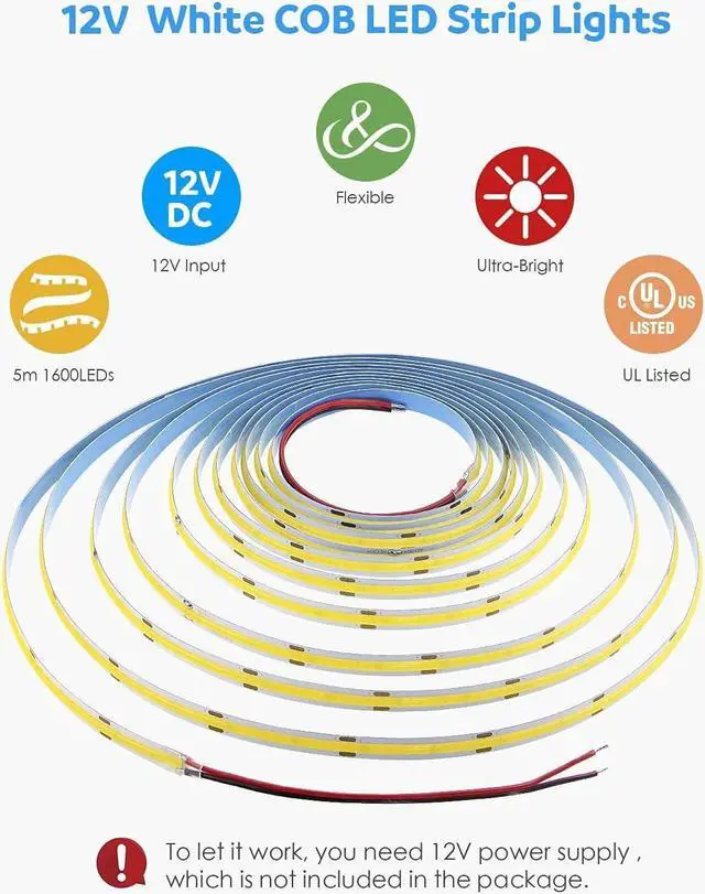 Alt view image 6 of 7 - Flexible COB LED Strip Lights,White 6000K 12V 16.4ft/5m, 320LEDs/M Super Bright High Density FCOB LED Strip Light for TV Backlight, Living Room, Cabinet Lighting,Home Decor Light