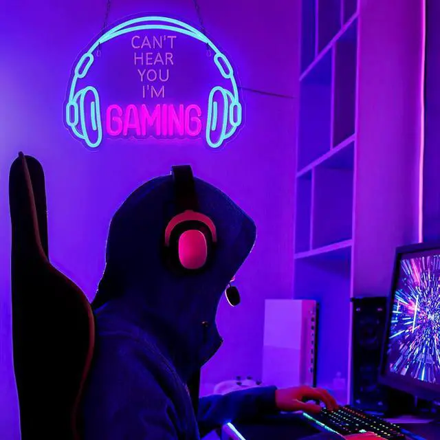 Alt view image 2 of 7 - ReyeeInc Gaming Headset Neon Sign, Large Bright and Dimmable Colorful LED Game Headphone Neon Light and USB Powered Lightup Signs for Gamer Zone Video Room Bedroom Wall Art Decor (15.7*11.8")
