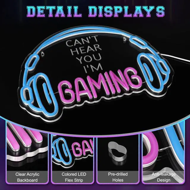 Alt view image 5 of 7 - ReyeeInc Gaming Headset Neon Sign, Large Bright and Dimmable Colorful LED Game Headphone Neon Light and USB Powered Lightup Signs for Gamer Zone Video Room Bedroom Wall Art Decor (15.7*11.8")