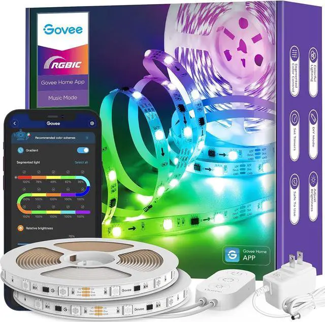 Main image of Govee 32.8ft RGBIC LED Strip Lights, LED Light Strips Bluetooth Control, Segmented DIY, Intelligent Color Picking, Music Sync, 64 Scene Modes LED Lights for Bedroom Gaming Room, 2 Rolls of 16.4ft