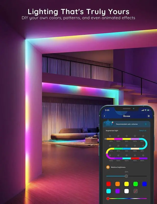 Alt view image 6 of 7 - Govee 32.8ft RGBIC LED Strip Lights, LED Light Strips Bluetooth Control, Segmented DIY, Intelligent Color Picking, Music Sync, 64 Scene Modes LED Lights for Bedroom Gaming Room, 2 Rolls of 16.4ft