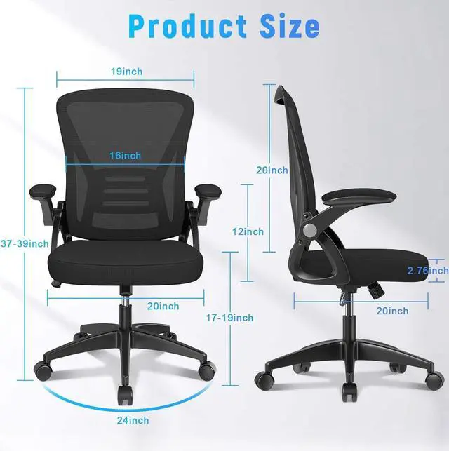 Alt view image 3 of 7 - Ergonomic Office Chair, Mid Back Desk Chair with Adjustable Height, Swivel Chair with Flip-Up Arms and Lumbar Support, Breathable Mesh Computer Chair for Home/Study/Working, Dark Black