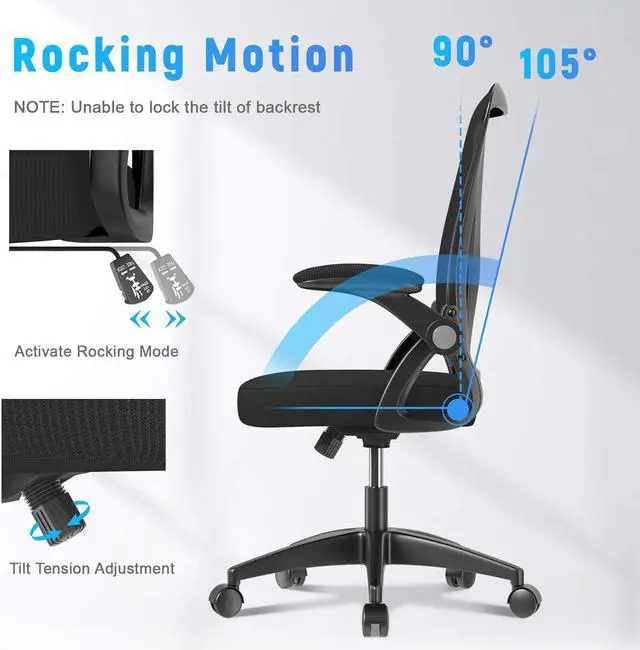 Alt view image 4 of 7 - Ergonomic Office Chair, Mid Back Desk Chair with Adjustable Height, Swivel Chair with Flip-Up Arms and Lumbar Support, Breathable Mesh Computer Chair for Home/Study/Working, Dark Black