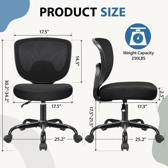Alt view image 2 of 6 - Primy Office Chair Ergonomic Desk Chair, Breathable Mesh Mid Back Computer Chair with Adjustable Height Comfortable Armless Executive Rolling Swivel Task Chair with Wheels for Home Studying Gaming