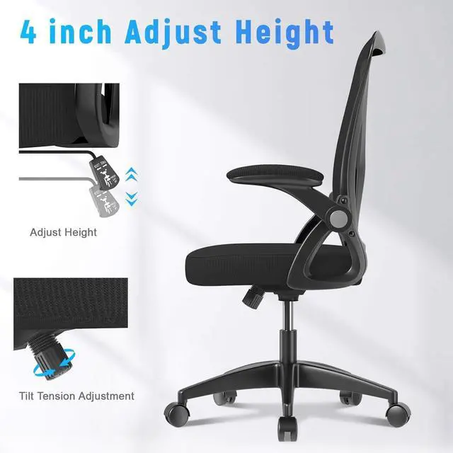 Alt view image 6 of 7 - naspaluro Ergonomic Office Chair, Mid Back Desk Chairs with Adjustable Height, Swivel Chair with Flip-Up Arms and Lumbar Support, Breathable Mesh Computer Chair for Home/Study/Working, Dark Black