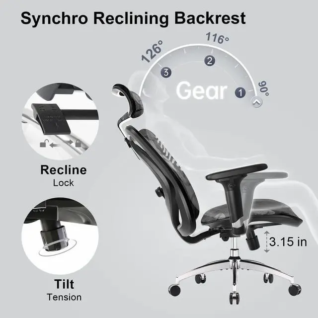 Alt view image 7 of 7 - M57 Ergonomic Office Chair with 3 Way Armrests Lumbar Support and Adjustable Headrest High Back Tilt Function Black