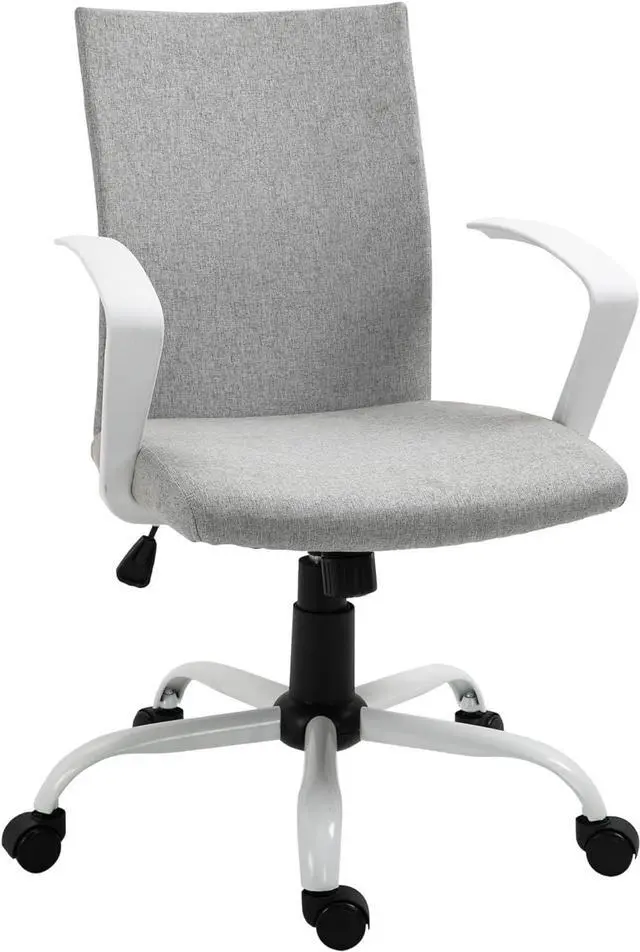 Main image of Vinsetto Mid Back Office Chair Linen Swivel Computer Desk Chair Task Chair with Wheels, Arm, Tilt Function, Light Grey