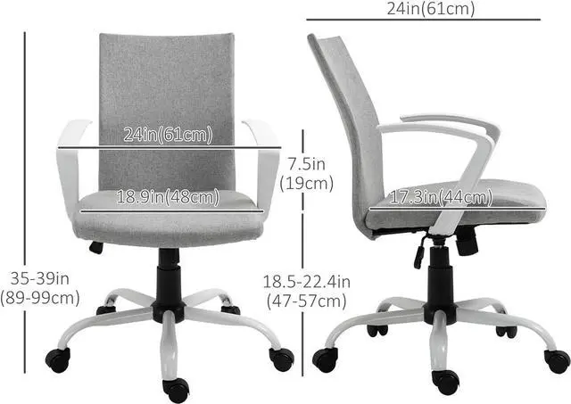 Alt view image 3 of 7 - Vinsetto Mid Back Office Chair Linen Swivel Computer Desk Chair Task Chair with Wheels, Arm, Tilt Function, Light Grey