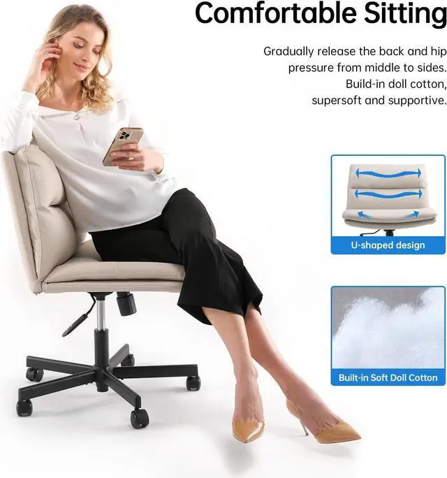 Alt view image 6 of 7 - EMIAH Armless Office Desks Chair with Wheels PU-Padded Vanity Chair Mid-Back Ergonomic Home Office Computer Chair Comfortable Adjustable Swivel Task Chair with Thickened Cushion