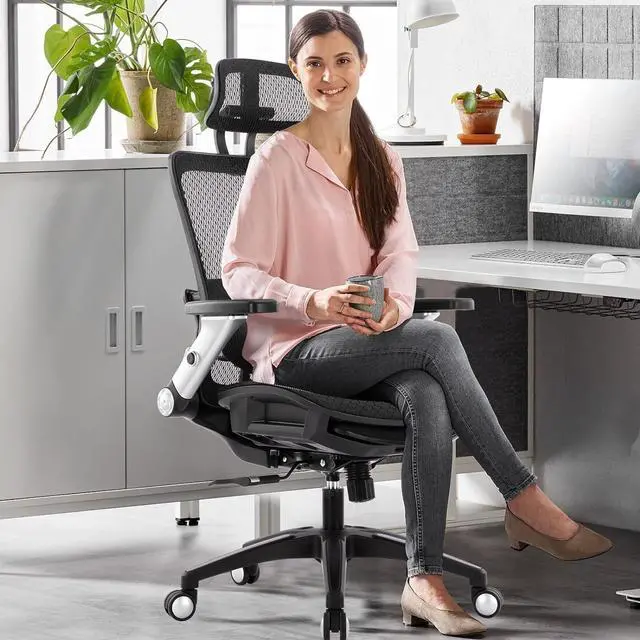 Alt view image 2 of 7 - COLAMY Ergonomic Mesh Office Chair with Footrest, High Back Computer Executive Desk Chair with Headrest and 4D Flip-up Armrests, Adjustable Tilt Lock and Lumbar Support-Black