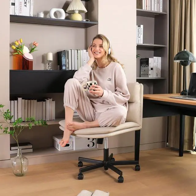 Alt view image 2 of 7 - EMIAH Armless Office Desks Chair with Wheels PU-Padded Vanity Chair Mid-Back Ergonomic Home Office Computer Chair Comfortable Adjustable Swivel Task Chair with Thickened Cushion