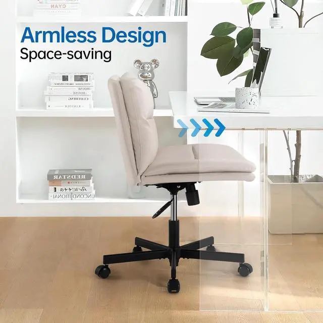 Alt view image 5 of 7 - EMIAH Armless Office Desks Chair with Wheels PU-Padded Vanity Chair Mid-Back Ergonomic Home Office Computer Chair Comfortable Adjustable Swivel Task Chair with Thickened Cushion