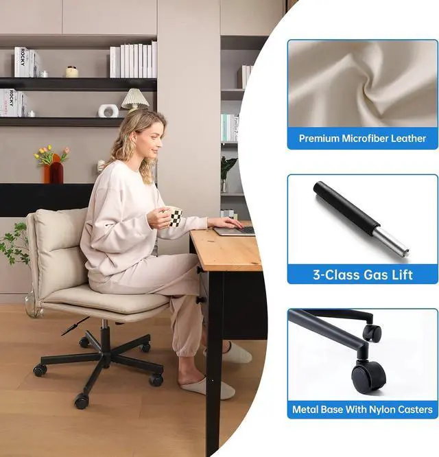 Alt view image 7 of 7 - EMIAH Armless Office Desks Chair with Wheels PU-Padded Vanity Chair Mid-Back Ergonomic Home Office Computer Chair Comfortable Adjustable Swivel Task Chair with Thickened Cushion
