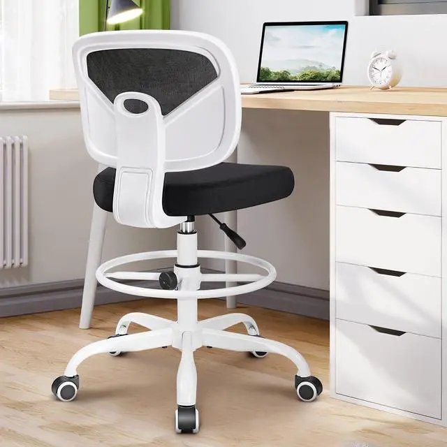 Alt view image 2 of 7 - Primy Office Drafting Chair Armless, Tall Office Desk Chair Adjustable Height and Footring, Mid-Back Ergonomic Standing Desk Chair Mesh Rolling Tall Chair for Art Room, Office or Home(White)
