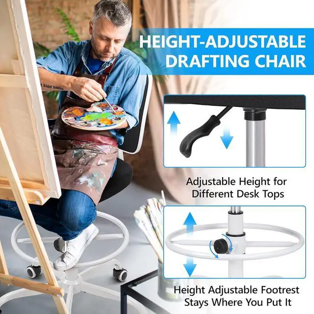 Alt view image 4 of 7 - Primy Office Drafting Chair Armless, Tall Office Desk Chair Adjustable Height and Footring, Mid-Back Ergonomic Standing Desk Chair Mesh Rolling Tall Chair for Art Room, Office or Home(White)