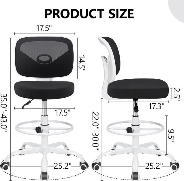 Alt view image 3 of 7 - Primy Office Drafting Chair Armless, Tall Office Desk Chair Adjustable Height and Footring, Mid-Back Ergonomic Standing Desk Chair Mesh Rolling Tall Chair for Art Room, Office or Home(White)