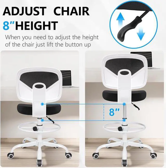 Alt view image 6 of 7 - Primy Office Drafting Chair Armless, Tall Office Desk Chair Adjustable Height and Footring, Mid-Back Ergonomic Standing Desk Chair Mesh Rolling Tall Chair for Art Room, Office or Home(White)