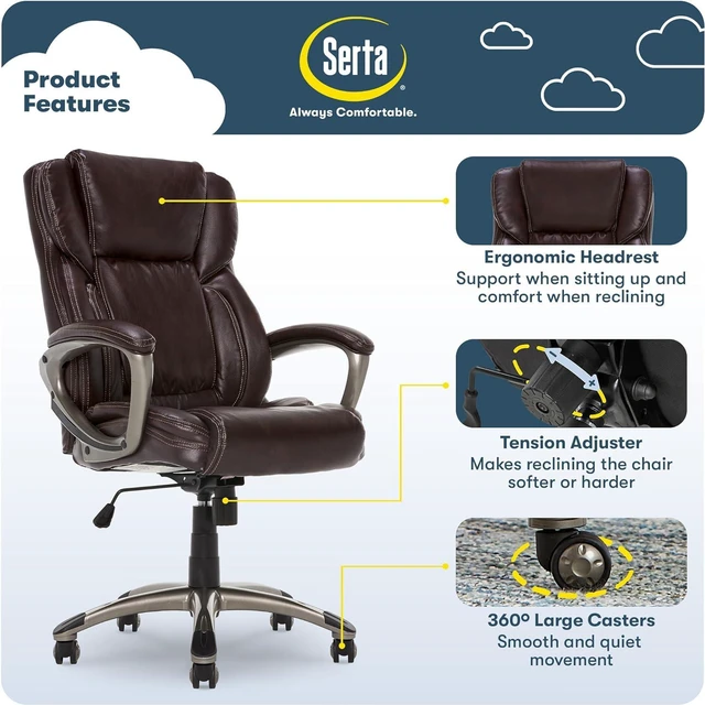 Alt view image 3 of 7 - Leather Ergonomic Executive Office Chair with Lumbar Support