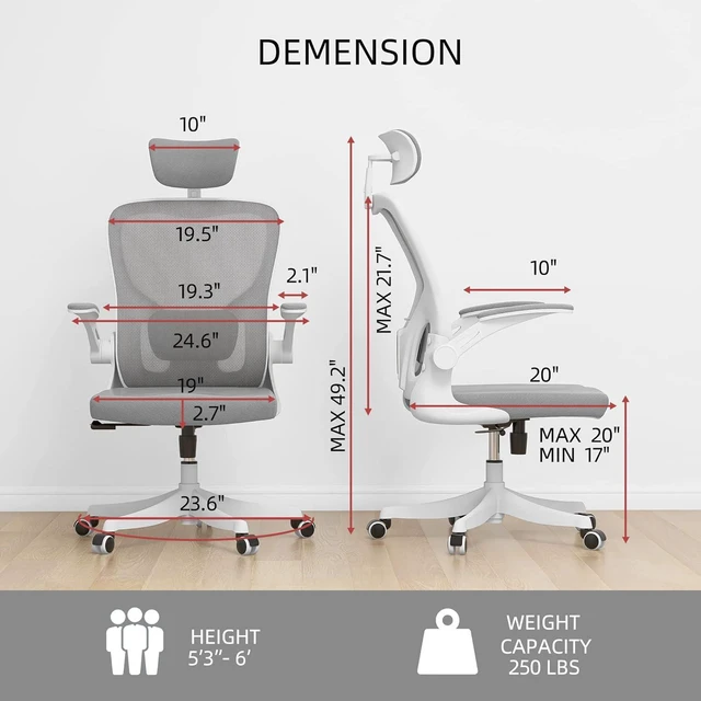 Alt view image 2 of 7 - Monhey Office Chair - Ergonomic Office Chair with Lumbar Support & Flip Up Arms Home Office Desk Chairs Rockable Swivel High Back Computer Chair White Frame Grey Mesh Study Chair