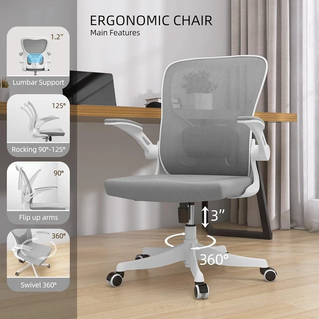 Alt view image 3 of 7 - Monhey Office Chair - Ergonomic Office Chair with Lumbar Support & Flip Up Arms Home Office Desk Chairs Rockable Swivel High Back Computer Chair White Frame Grey Mesh Study Chair