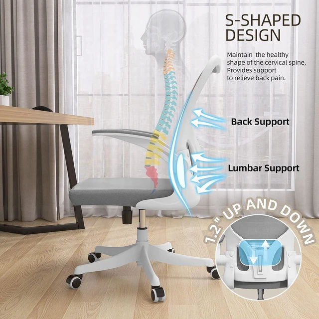 Alt view image 4 of 7 - Monhey Office Chair - Ergonomic Office Chair with Lumbar Support & Flip Up Arms Home Office Desk Chairs Rockable Swivel High Back Computer Chair White Frame Grey Mesh Study Chair