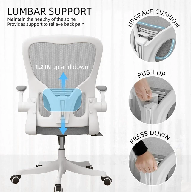 Alt view image 6 of 7 - Monhey Office Chair - Ergonomic Office Chair with Lumbar Support & Flip Up Arms Home Office Desk Chairs Rockable Swivel High Back Computer Chair White Frame Grey Mesh Study Chair