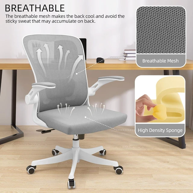 Alt view image 7 of 7 - Monhey Office Chair - Ergonomic Office Chair with Lumbar Support & Flip Up Arms Home Office Desk Chairs Rockable Swivel High Back Computer Chair White Frame Grey Mesh Study Chair