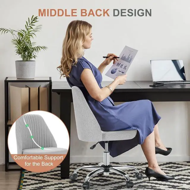 Alt view image 4 of 7 - Office Desk Chair, Modern Cute Rolling Vanity Swivel Task Chairs with Wheels, Comfortable Back Seat Armless for Home, Bedrooms, Office, Study, Student, Adults, Make-up, Dressing Room, Cloud