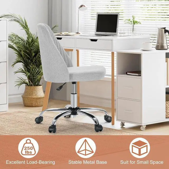 Alt view image 6 of 7 - Office Desk Chair, Modern Cute Rolling Vanity Swivel Task Chairs with Wheels, Comfortable Back Seat Armless for Home, Bedrooms, Office, Study, Student, Adults, Make-up, Dressing Room, Cloud