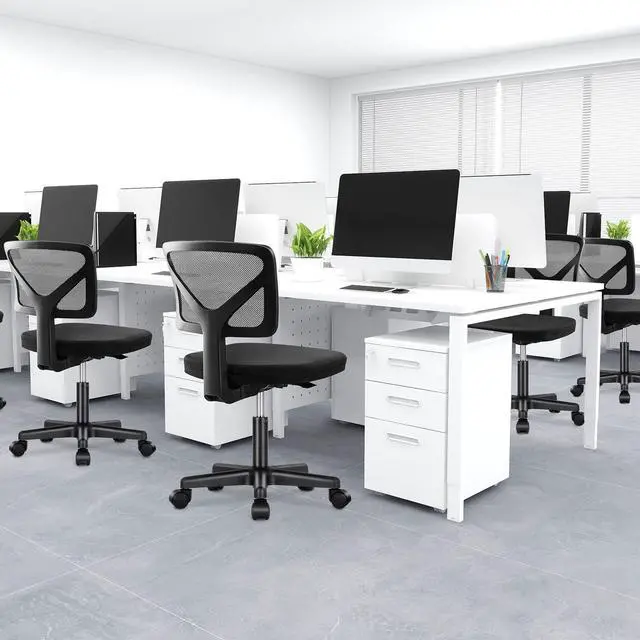 Alt view image 2 of 7 - Armless Desk Wheels Cute Home Office Arms, Ergonomic Adjustable Swivel Rolling Task, Comfy Mesh Mid Back Computer Work Vanity Chair for Small Spaces, Classic Black