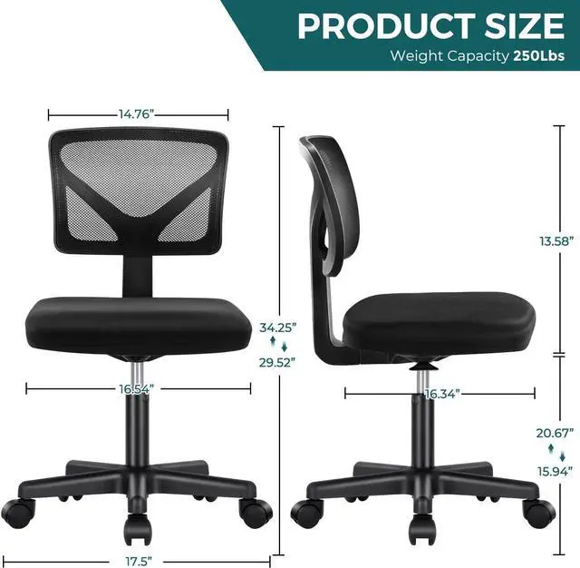 Alt view image 3 of 7 - Armless Desk Wheels Cute Home Office Arms, Ergonomic Adjustable Swivel Rolling Task, Comfy Mesh Mid Back Computer Work Vanity Chair for Small Spaces, Classic Black