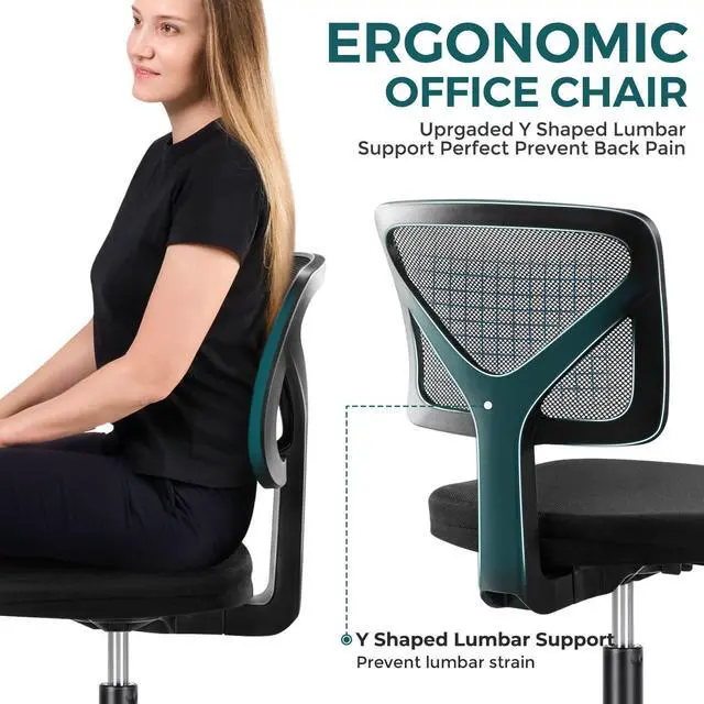 Alt view image 4 of 7 - Armless Desk Wheels Cute Home Office Arms, Ergonomic Adjustable Swivel Rolling Task, Comfy Mesh Mid Back Computer Work Vanity Chair for Small Spaces, Classic Black