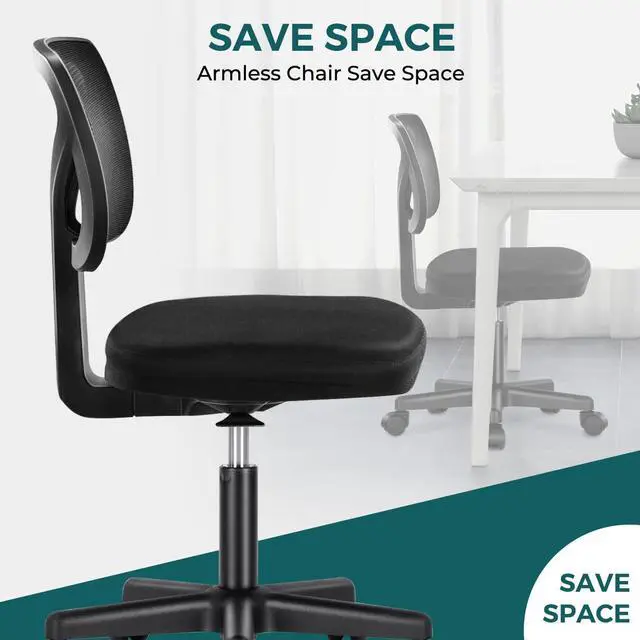 Alt view image 7 of 7 - Armless Desk Wheels Cute Home Office Arms, Ergonomic Adjustable Swivel Rolling Task, Comfy Mesh Mid Back Computer Work Vanity Chair for Small Spaces, Classic Black