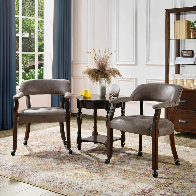 Alt view image 6 of 7 - JESONVID Dining Chair with Casters, Captain's Chairs with Rollers Dinette Sets Poker Chairs with Wheels Kitchen Table Rolling Chairs High Back Chair On Caster(Dark Brown 318DK)