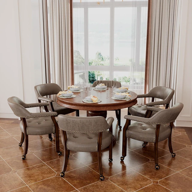 Alt view image 5 of 7 - JESONVID Dining Chair with Casters, Captain's Chairs with Rollers Dinette Sets Poker Chairs with Wheels Kitchen Table Rolling Chairs High Back Chair On Caster(Dark Brown 318DK)