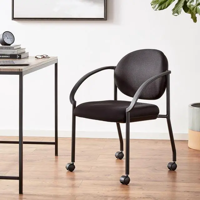 Alt view image 2 of 7 - Work Smart Office Star Padded Fabric Seat and Back Stacking Chair with Arms and Dual Wheel Carpet Casters, Black