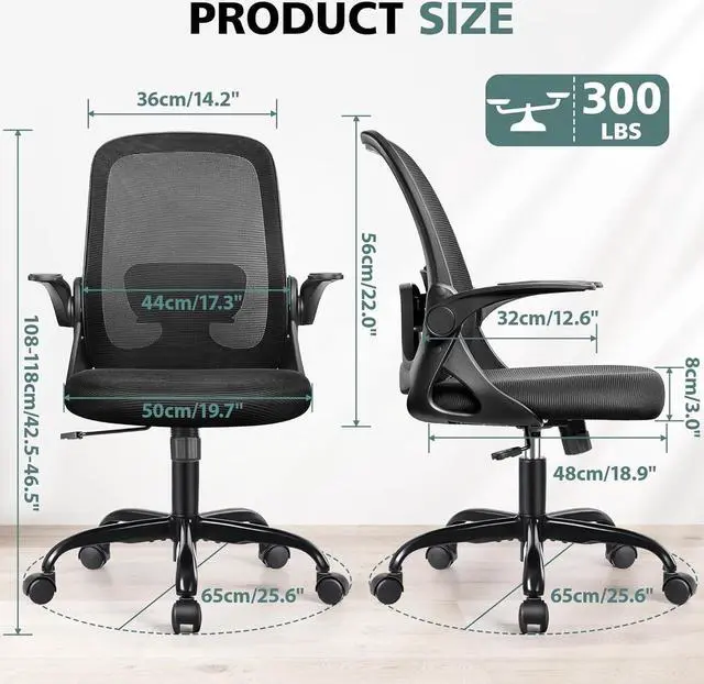 Alt view image 3 of 7 - Office Chair Ergonomic Desk Chairs with Lumbar Support and Flip-up Arms, Comfortable Breathable Mesh Computer Executive Chair with Swivel Task, Adjustable Height 4', Home - Black