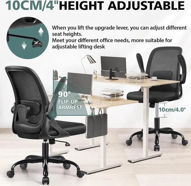 Alt view image 4 of 7 - Office Chair Ergonomic Desk Chairs with Lumbar Support and Flip-up Arms, Comfortable Breathable Mesh Computer Executive Chair with Swivel Task, Adjustable Height 4', Home - Black