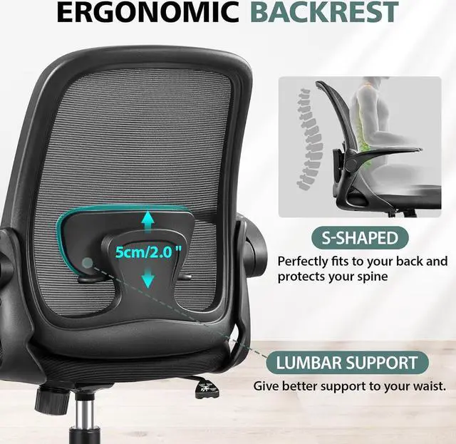 Alt view image 5 of 7 - Office Chair Ergonomic Desk Chairs with Lumbar Support and Flip-up Arms, Comfortable Breathable Mesh Computer Executive Chair with Swivel Task, Adjustable Height 4', Home - Black