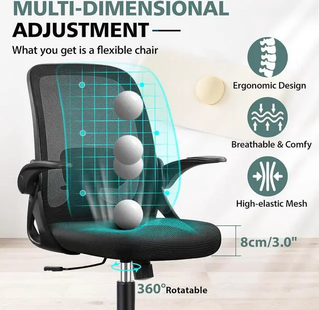 Alt view image 6 of 7 - Office Chair Ergonomic Desk Chairs with Lumbar Support and Flip-up Arms, Comfortable Breathable Mesh Computer Executive Chair with Swivel Task, Adjustable Height 4', Home - Black