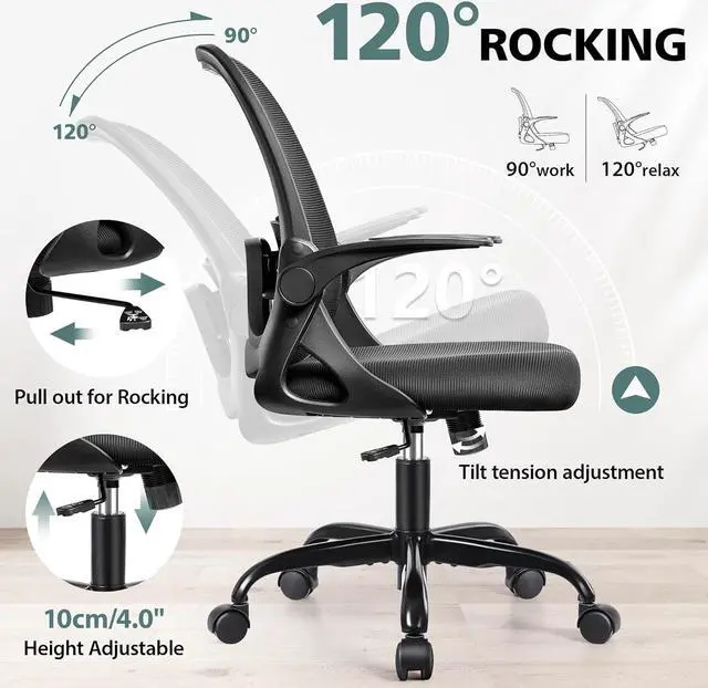 Alt view image 7 of 7 - Office Chair Ergonomic Desk Chairs with Lumbar Support and Flip-up Arms, Comfortable Breathable Mesh Computer Executive Chair with Swivel Task, Adjustable Height 4', Home - Black