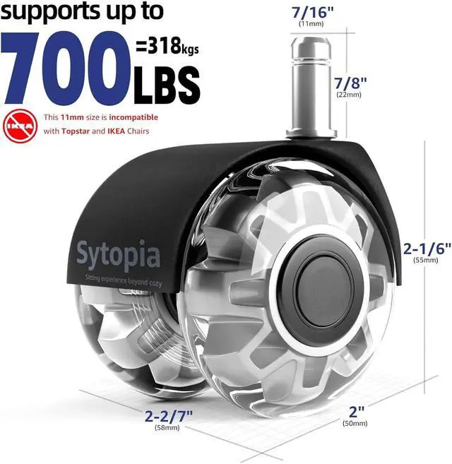 Alt view image 3 of 5 - Office Chair Wheels-2 Inch Replacement for All Hardwood and Carpet Floors, Heavy Duty Rollerblade Style Computer Desk Chair Casters, Sytopia Universal Caster Wheels Size(11x22 mm), Set of 5 - Grey