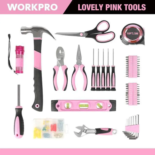 Alt view image 4 of 7 - WORKPRO Pink Tool Kit, 106-Piece Home Repairing Tool Set with Wide Mouth Open Storage Bag
