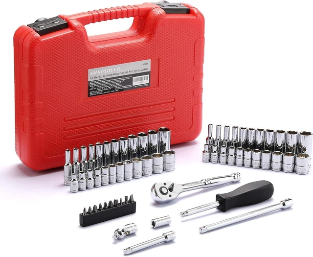 Alt view image 2 of 7 - MIXPOWER 62-Piece 1/4-Inch Dr. Master Socket Set with Ratchets,Universal Joint, Drive Extension Bar Set with 1/4'' Dr. Bits Set, SAE/Metric, 6-Point, 5/32-Inch - 9/16-Inch, 4 mm - 14 mm, CR-V Socket
