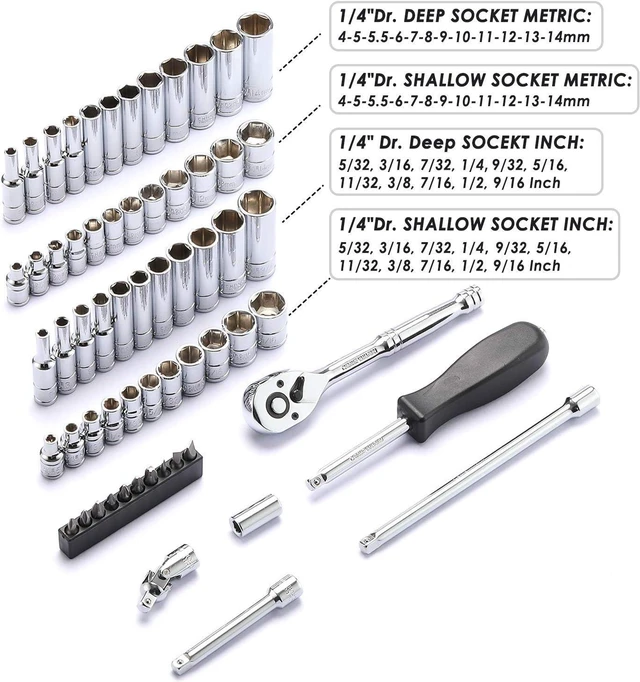 Alt view image 3 of 7 - MIXPOWER 62-Piece 1/4-Inch Dr. Master Socket Set with Ratchets,Universal Joint, Drive Extension Bar Set with 1/4'' Dr. Bits Set, SAE/Metric, 6-Point, 5/32-Inch - 9/16-Inch, 4 mm - 14 mm, CR-V Socket