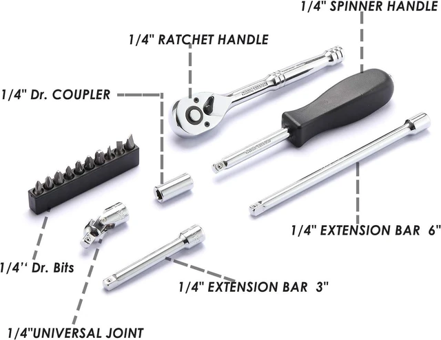 Alt view image 4 of 7 - MIXPOWER 62-Piece 1/4-Inch Dr. Master Socket Set with Ratchets,Universal Joint, Drive Extension Bar Set with 1/4'' Dr. Bits Set, SAE/Metric, 6-Point, 5/32-Inch - 9/16-Inch, 4 mm - 14 mm, CR-V Socket