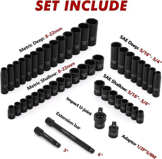 Alt view image 3 of 7 - CASOMAN 3/8" Drive Impact Socket Set, 48 Piece Standard SAE and Metric Sizes (5/16-Inch to 3/4-Inch and 8-22 mm), 6 Point, Cr-V Steel Socket Set