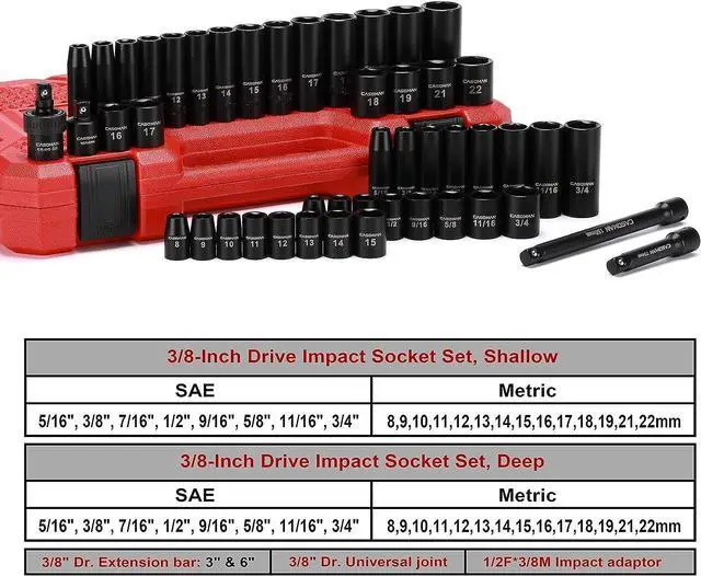 Alt view image 2 of 7 - CASOMAN 3/8" Drive Impact Socket Set, 48 Piece Standard SAE and Metric Sizes (5/16-Inch to 3/4-Inch and 8-22 mm), 6 Point, Cr-V Steel Socket Set